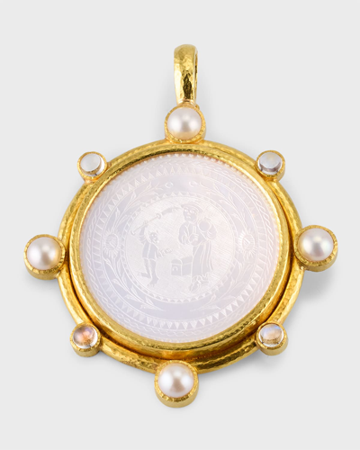 Elizabeth Locke 18th Century 35mm Gambling Counter Pendant With Pearls And Moonstone In 05 Yellow Gold