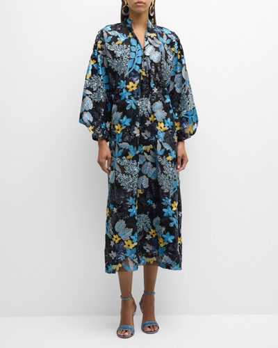 La Vie Style House Floral-embroidered Sequin Caftan Midi Dress In Black And Blue