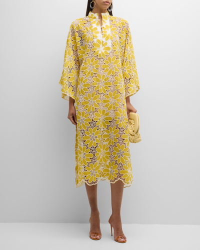 La Vie Style House Floral Lace Caftan Midi Dress In Yellow