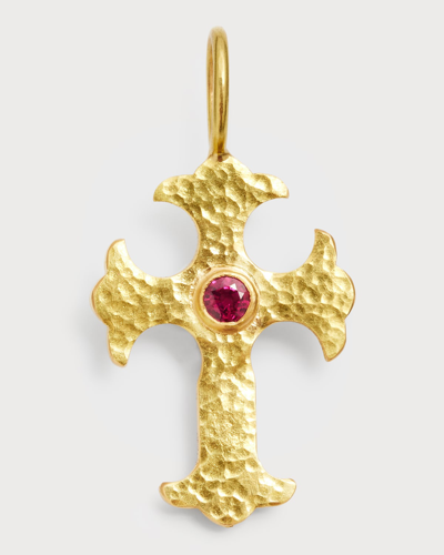 Elizabeth Locke 19k Yellow Gold Gothic Cross Pendant With 3.5mm Ruby Center In 05 Yellow Gold