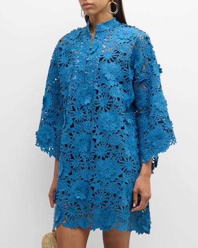 La Vie Style House Floral Lace Caftan Mini Dress In Blue Crush