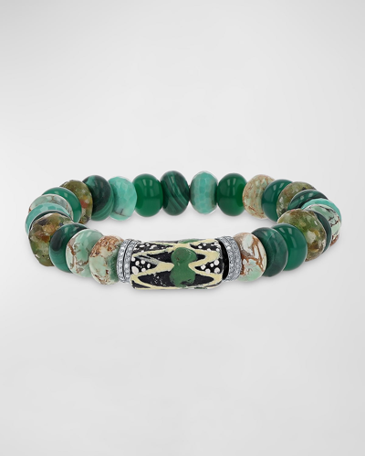 Sheryl Lowe Green African Mix 10mm Bead Bracelet With Pave Diamond Rondelles In Silver