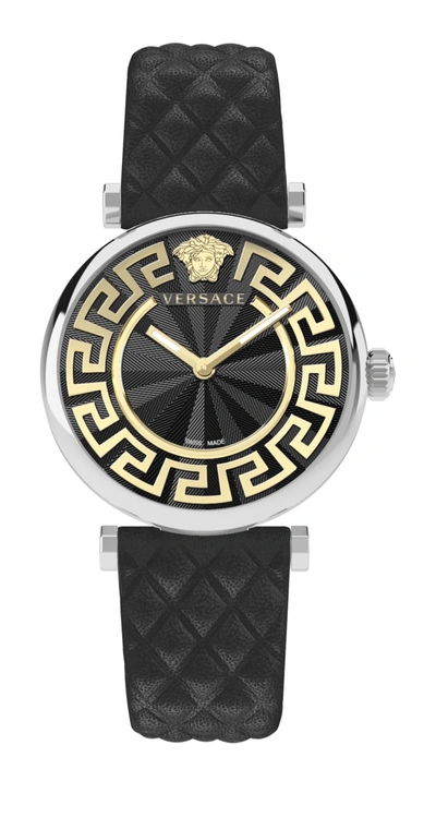 Versace Women's Swiss Greca Chic Black Leather Strap Watch 35mm In Multi