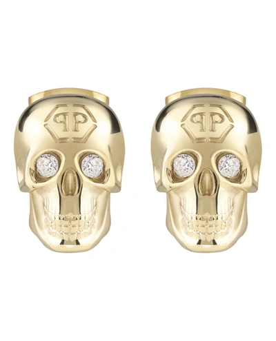 Philipp Plein Gold-tone Ip Stainless Steel Pave 3d $kull Stud Earrings In Silver
