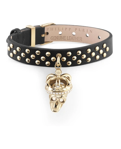 Philipp Plein Gold-tone Ip Stainless Steel Pave Crowned 3d $kull Charm Studded Leather Bracelet In Ip Yellow Gold