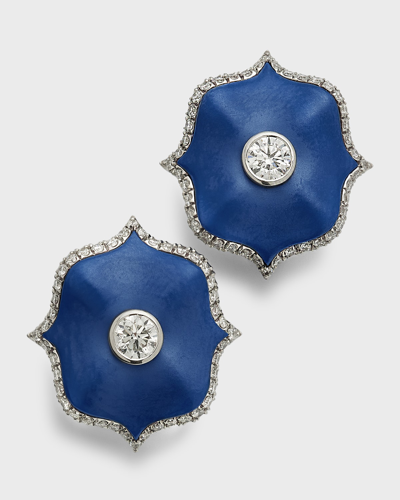 Bayco Platinum, Blue Ceramic And Round F/vvs1-vs2 Diamond Mini Lotus Earrings In 20 Platinum