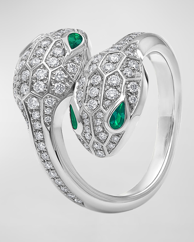 Bvlgari Serpenti Seduttori Ring With Emeralds And Diamonds, Eu 50 / Us 6.25 In 10 White Gold