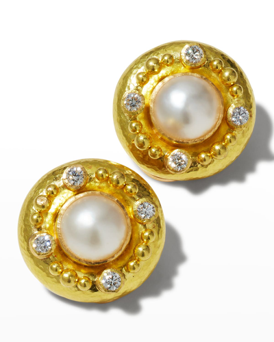 Elizabeth Locke 9mm White Akoya Pearl Earrings With Four 2.5mm Diamonds In 05 Yellow Gold