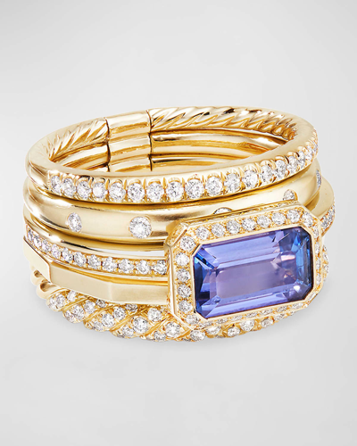 David Yurman Stax Fine Cable 18k Ring W/ Diamonds & Tanzanite In 15 Blue