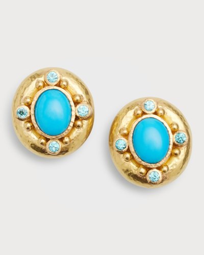 Elizabeth Locke Turquoise Oval Earrings With 2.5mm Zircon In 05 Yellow Gold