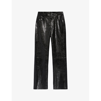 Claudie Pierlot Womens Noir / Gris Straight-leg High-rise Leather Trousers