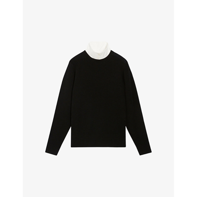 Claudie Pierlot Womens Noir / Gris Missy Shirt-collar Long-sleeve Wool Jumper