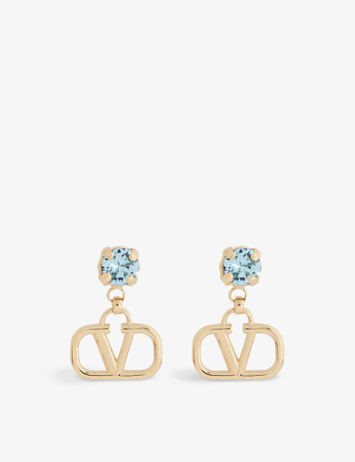 Valentino Garavani Womens Gold Logo-engraved Brass And Cubic Zirconia Earrings In Oro 18/acquamarina