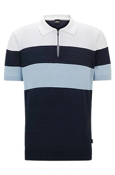 Hugo Boss Zip-neck Knit Polo In A Linen Blend In Dark Blue