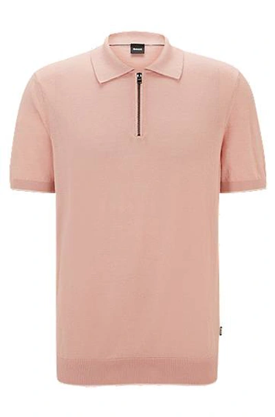 Hugo Boss Zip-neck Polo Sweater In A Linen Blend In Pink