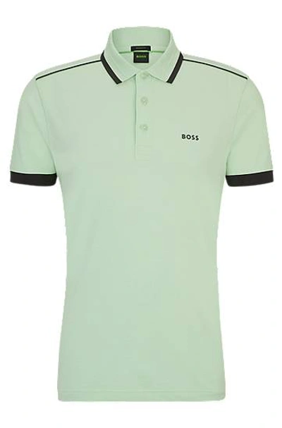 Hugo Boss Cotton-piqué Polo Shirt With Contrast Stripes And Logo In Light Green