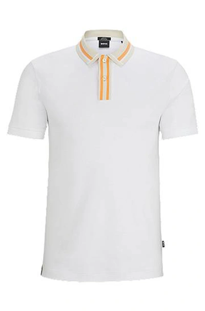 Hugo Boss Mercerised-cotton Slim-fit Polo Shirt With Contrast Stripes In White