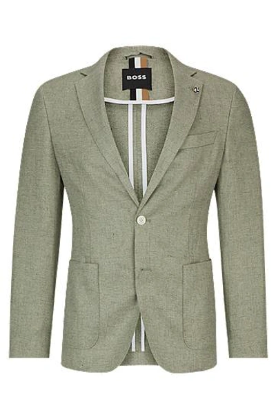 Hugo Boss Slim-fit Jacket In A Micro-patterned Linen Blend In Green