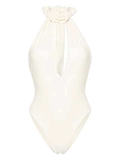 Magda Butrym Floral-appliqué Halterneck Swimsuit In White