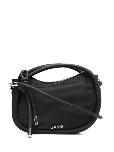 Ganni Knot Mini Nylon Shoulder Bag In Black  