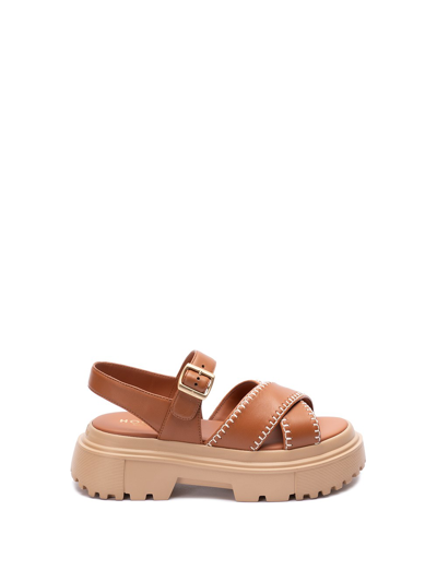 Hogan H644 Leather Sandals In Brown