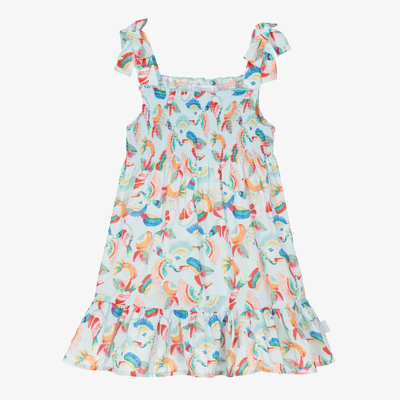 Tutto Piccolo Babies' Girls Blue Tropical Shirred Cotton Dress