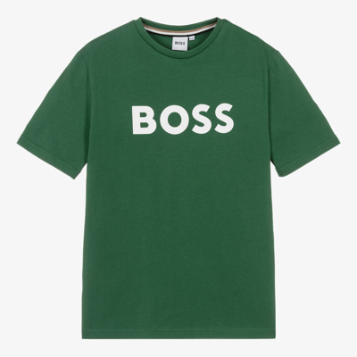 Hugo Boss Kids' Logo印花棉质平纹针织t恤 In Green