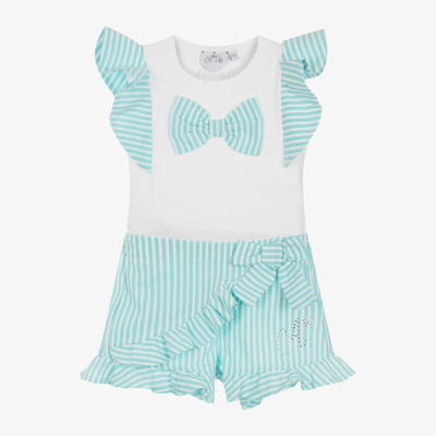 A Dee Babies' Girls Blue Striped Cotton Skort Set In White