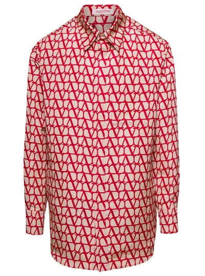 Valentino Red Toile Iconographe Shirt With Logo Print All-over In Silk Man