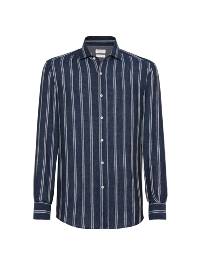 Brunello Cucinelli Men's Multi Stripe Easy Fit Shirt With Spread Collar In Blue Multi
