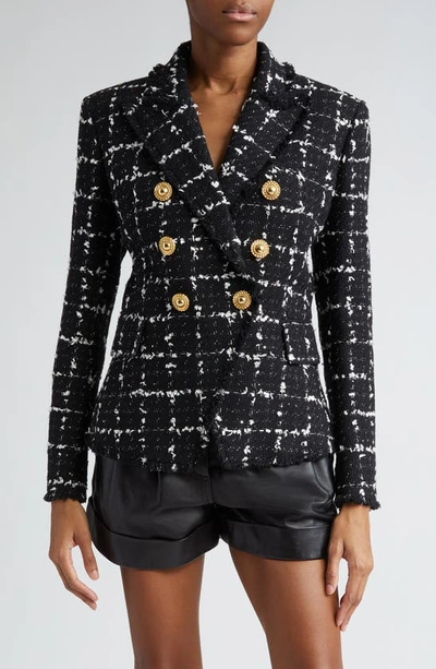 Balmain Grid Tweed Double-breasted Blazer In White/black