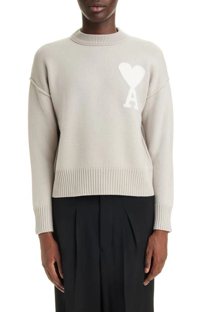 Ami Alexandre Mattiussi Ami De Coeur Monogram Wool Sweater In Light Beige/ Off White