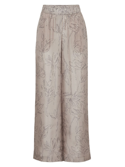 Brunello Cucinelli Leaf-print Silk Trousers In Khaki