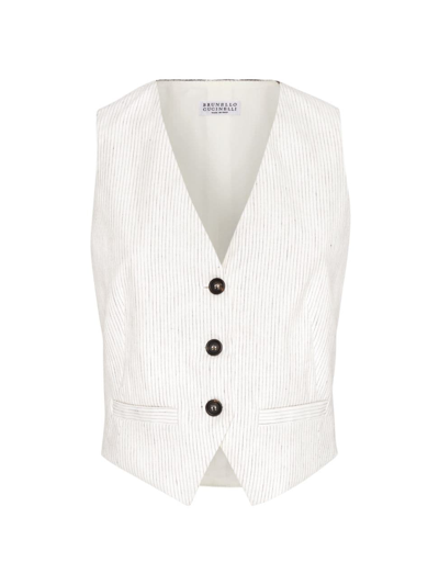 Brunello Cucinelli Women's Striped Comfort Linen And Cotton Waistcoat With Monili In Panama