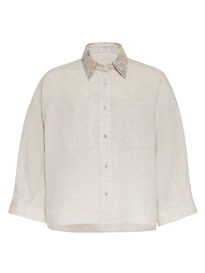 Brunello Cucinelli Magnolia Pailllette Embroidered-collar Linen Relaxed Boxy Blouse In Beige