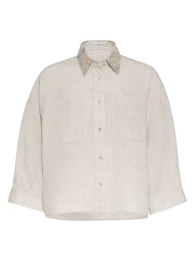 Brunello Cucinelli Magnolia Pailllette Embroidered-collar Linen Relaxed Boxy Blouse In Natural