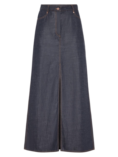 Brunello Cucinelli Women's Lightweight Wet Effect Denim Long Five Pocket Skirt With Shiny Tab