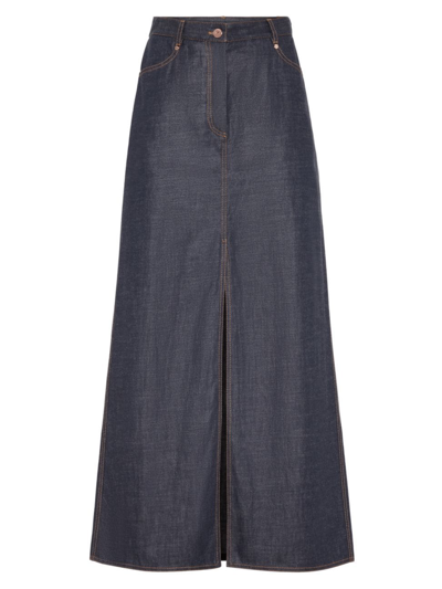 Brunello Cucinelli Maxi Blue Skirt With Contrasting Stitching In Cotton Denim Woman