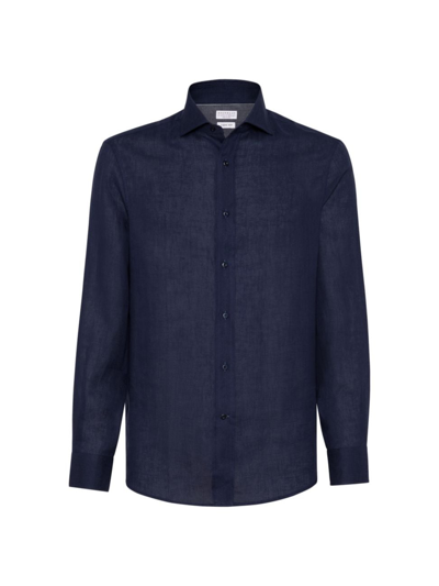 Brunello Cucinelli Men's Linen Easy Fit Shirt With Spread Collar In Navy Blue