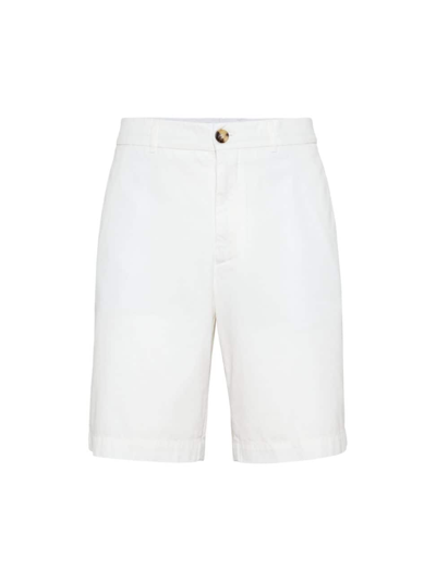 Brunello Cucinelli Men's Garment Dyed Bermuda Shorts In Twisted Cotton Gabardine In White