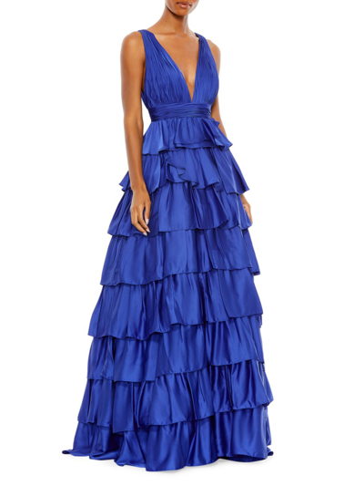 Mac Duggal Ruffle Tiered Pleated Sleeveless V Neck Gown In Cobalt