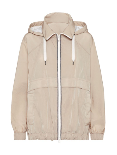 Brunello Cucinelli Women's Wrinkled Cloth Hooded Outerwear With Precious Trims In Beige