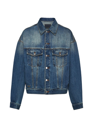 Prada Adjustable Cropped Denim Jacket With Flap Pockets In Navy