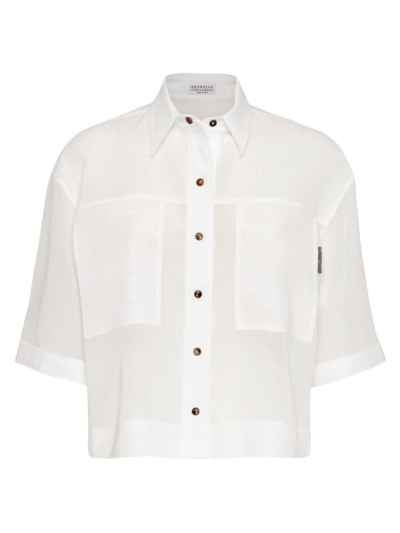 Brunello Cucinelli Women's Cotton Organza Shirt With Shiny Tab In White