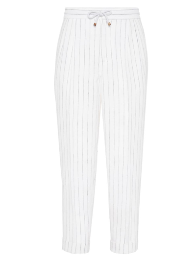 Brunello Cucinelli Tapered-leg Striped Linen Trousers In White