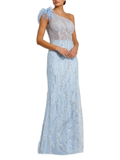 Mac Duggal Women's Feather-trimmed Sequined One-shoulder Gown In Porcelain Blue