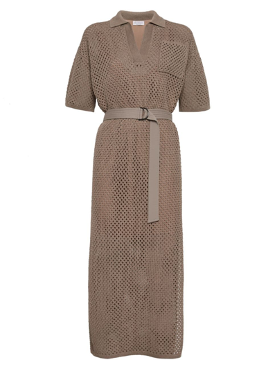 Brunello Cucinelli Women's Cotton Net Knit Dress With Belt In Brown