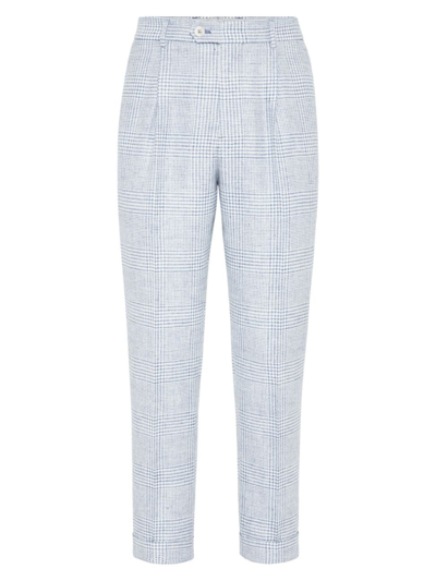 Brunello Cucinelli Men's Prince Of Wales Leisure Fit Trousers With Pleat In Sky Blue