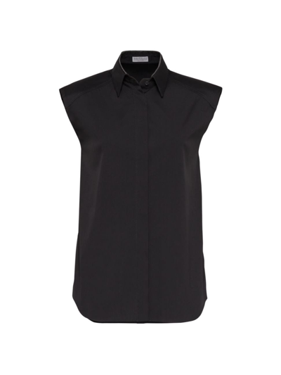 Brunello Cucinelli Monili Collar Sleeveless Button-front Shirt In Black