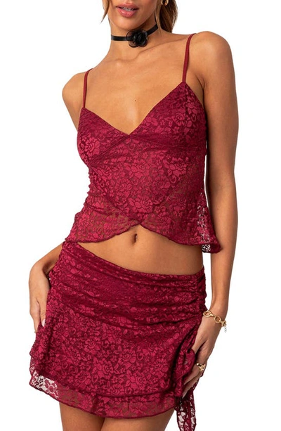 Edikted Women's Crossover Sheer Lace Tank Top In Burgundy